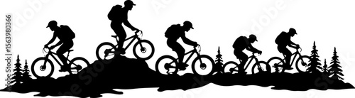 Mountain Hiking Bikers Riding Silhouettes Set vector bundle