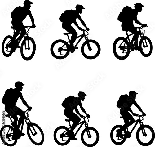 Mountain Hiking Bikers Riding Silhouettes Set vector bundle