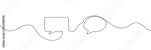 Continuous one line drawing of two speech bubbles with modern minimalist style on white background in black ink . EPS 10 .