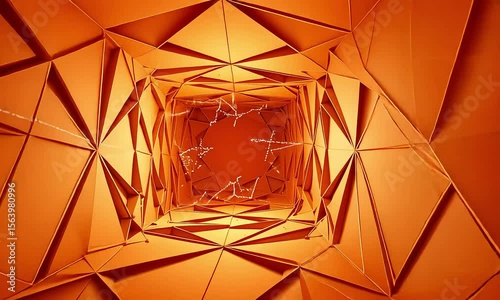 Abstract Orange Geometric Tunnel With Triangle Shapes And White Lines Inside