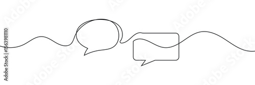 Continuous one line drawing of two speech bubbles with modern minimalist style on white background in black ink . EPS 10 .