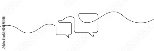 Continuous one line drawing of two speech bubbles with modern minimalist style on white background in black ink . EPS 10 .