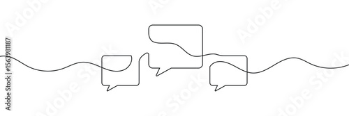 Continuous one line drawing of two speech bubbles with modern minimalist style on white background in black ink . EPS 10 .