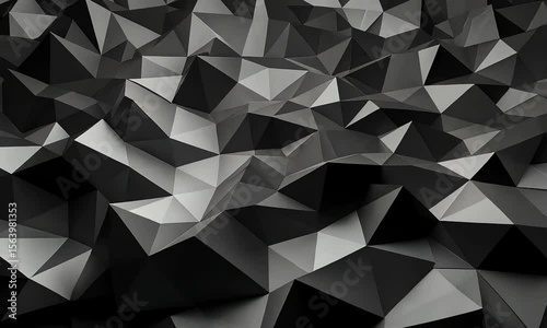 Abstract Polygonal Surface with Geometric Black and Gray Triangles and Varying Light and Shadow Effects