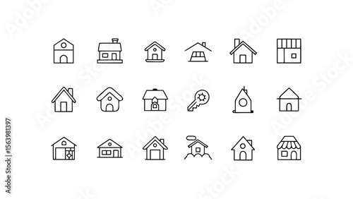 Set of black outline house icons on a white background