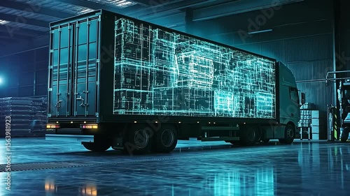 Futuristic truck with digital holographic display parked in a high-tech warehouse environment