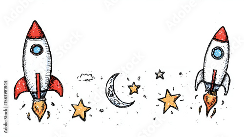 Rocket ships, stars, and a crescent moon in a hand-drawn style.