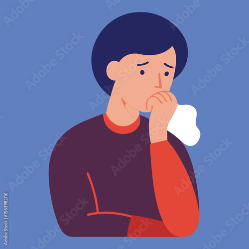 With a thoughtful gaze and gentle demeanor, the individual rests their chin on a hand while tissues are nearby, 