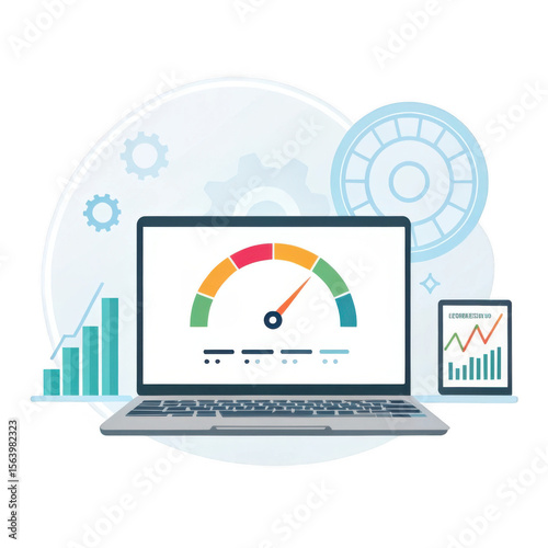 Digital dashboard with speedometer and graphs on laptop and tablet isolated on transparent background