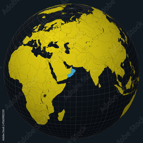 Oman on Globe. Country view on the world map in Charcoal Bright Yellow color palette. Oman shape on map. Globe with meridians, parallels, countries, rivers and lakes. Beautiful vector illustration.