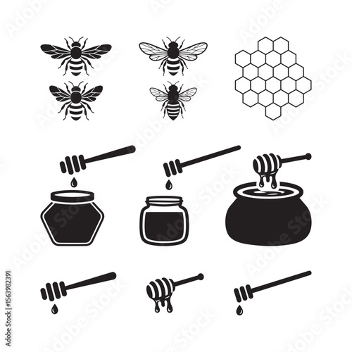 Honey bee hive jar dipper silhouette vector icon set 