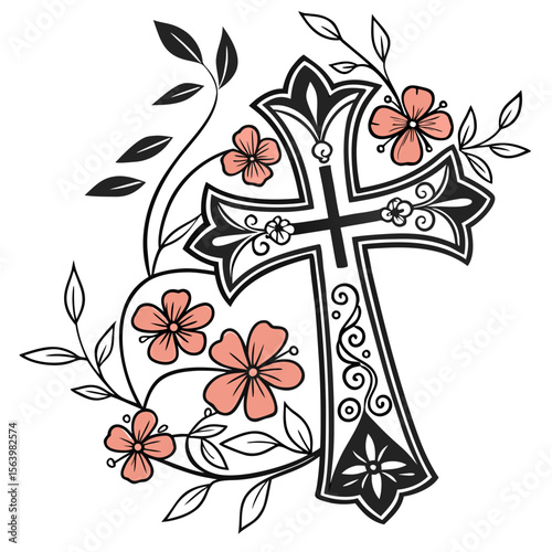 Cross with Flowers Icon Holiday Symbols, Cross, Bunny, Egg, and Church Graphics
 