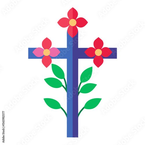 Cross with Flowers Icon Holiday Symbols, Cross, Bunny, Egg, and Church Graphics
 