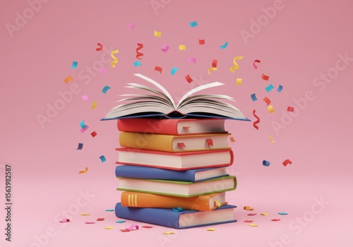 Celebratory stack of colorful books with falling confetti on pink background
