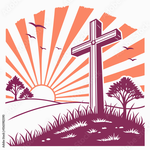 Cross with Sunrise Icon Holiday Symbols, Cross, Bunny, Egg, and Church Graphics