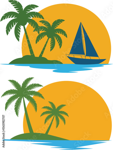 Tropical island scenes with palm trees and sailboat vector illustration