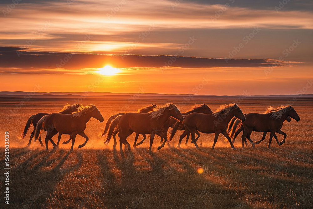 Fototapeta premium herd of horses on sunset