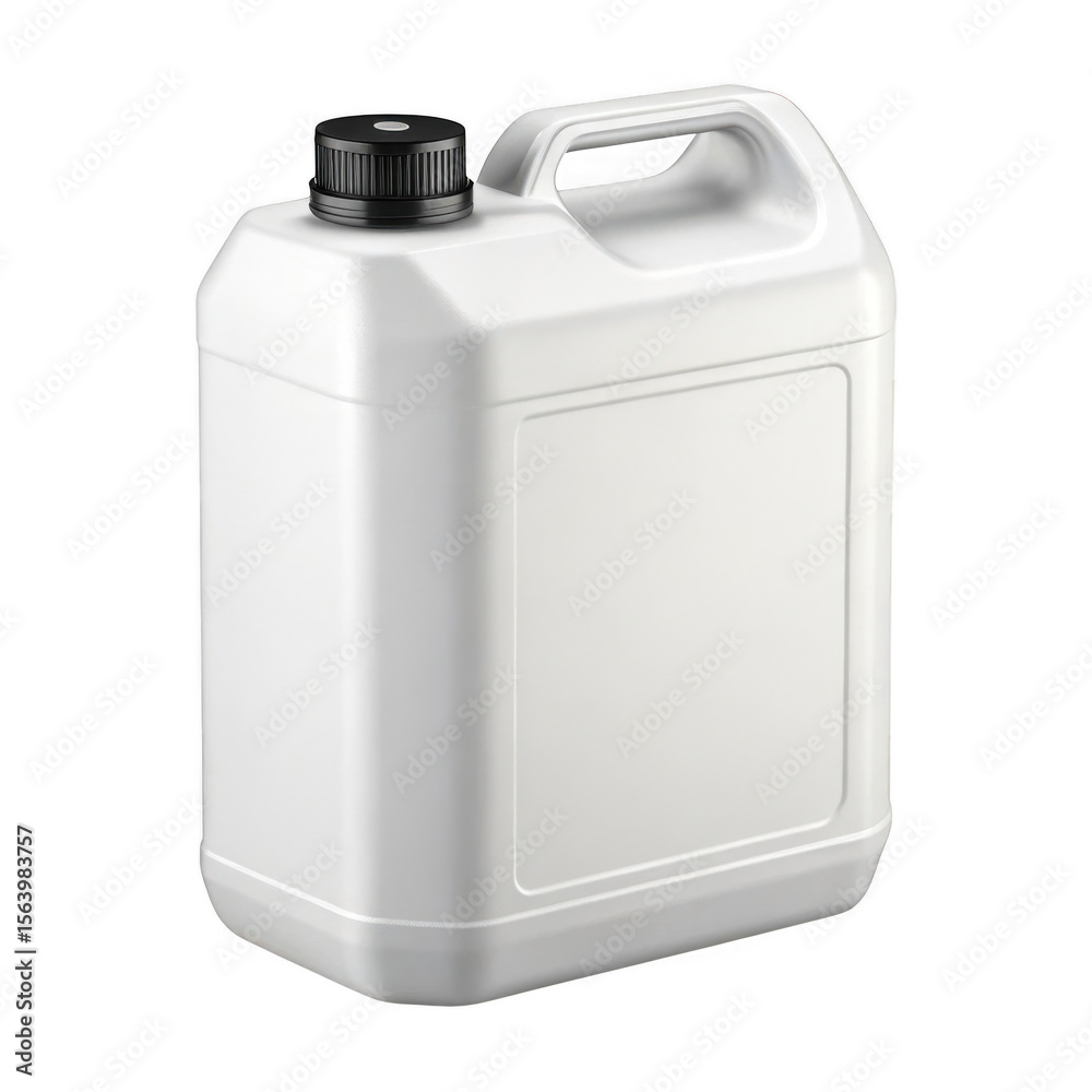 White plastic jerry can with black screw cap and handle isolated on transparent background White plastic jerry can with black screw cap and handle isolated on transparent background