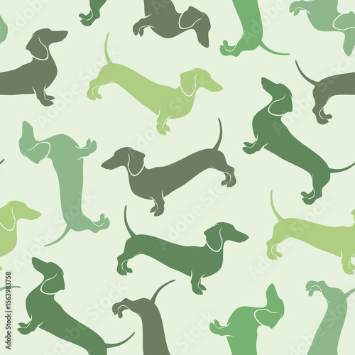 seamless pattern featuring dachshund silhouettes in various shades of green