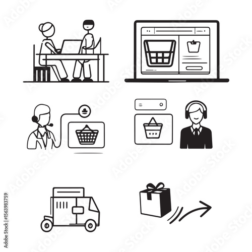 A collection of online shopping icons featuring customer service, delivery, and online basket purchases isolated on white background