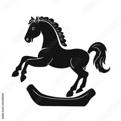 Black rocking horse silhouette on white background for children's room decor and nursery concept