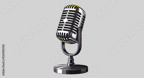Vintage Halftone Microphone on a Sturdy Base on a Gray Background