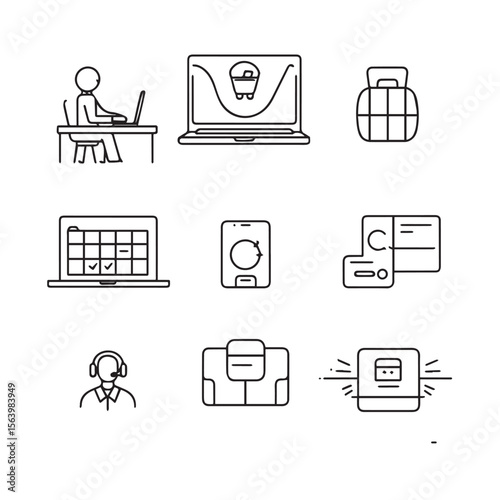 A person is working on a laptop, with icons representing online shopping, customer service, and delivery isolated on white background