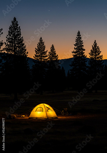 Illuminated camping tent glows warmly in a dark forest at twilight