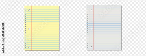 Blank lined notebook paper sheets isolated on transparent white background. Ideal for school, office, journaling, note-taking, and stationery design projects