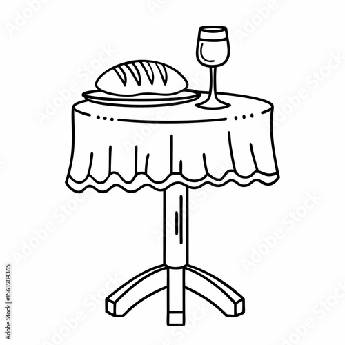 Simple line drawing of bread and wine on a table, for religious themes