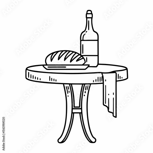 Simple line drawing of bread and wine on a table, for websites and blogs