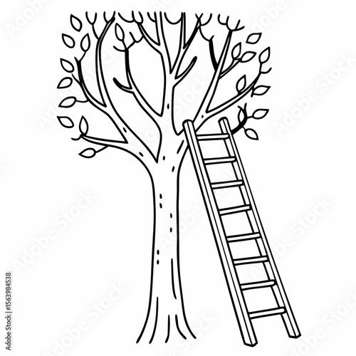 Tree with ladder, line art, black and white, for educational materials
