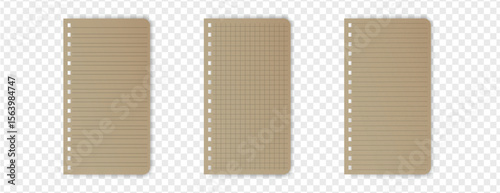 Blank lined notebook paper sheets isolated on transparent white background. Ideal for school, office, journaling, note-taking, and stationery design projects