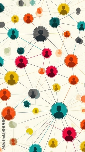 Colorful social network concept with abstract connections and user silhouettes on a light background