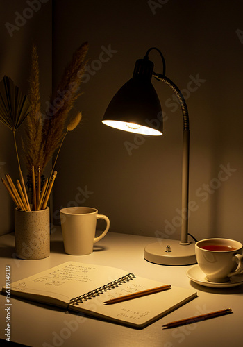 Cozy desk setup with a lit lamp notebook pencils and a cup of tea