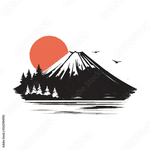 A scenic landscape of mount fuji in japan with the rising sun, trees, and birds in flight, creating a serene vista