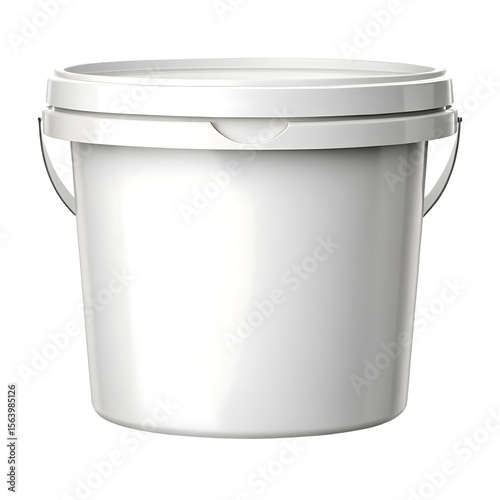 Clean white plastic bucket with a lid and handle isolated on transparent background