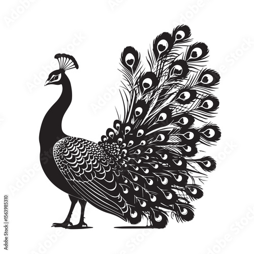 A black peacock with a long, ornate tail of feathers is standing, isolated on white background