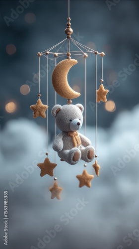 Adorable teddy bear mobile with a crescent moon and star motifs hanging above a soft cloud background