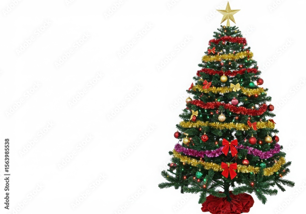 Obraz premium Festively decorated christmas tree with gold star and red ornaments