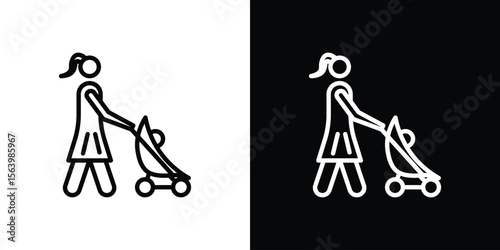 Woman with Baby Stroller icon. Simple thin line, outline vectors