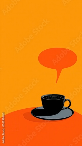 Black Coffee Cup on Round Plate with Speech Bubble Against Vibrant Orange Background for Creative Projects