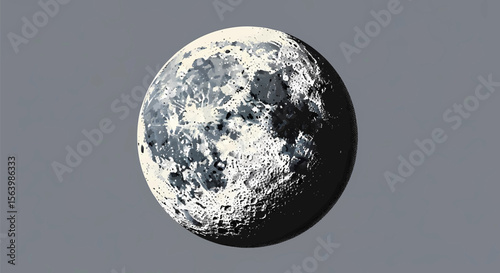 Minimalist Halftone Moon with Impact Craters and Lunar Maria on a Gray Background