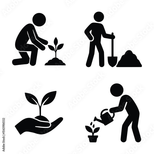 Gardening and Plant Care Silhouette Icon Set Vector Black and White"