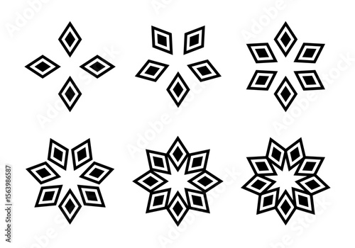 Geometric Diamond Shapes: A collection of six geometric designs, each featuring diamond shapes arranged in a symmetrical and visually appealing pattern. A striking display of graphic artistry.