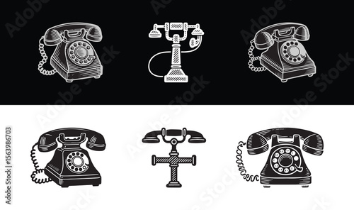 Vintage and retro telephones in black and white, classic phone vector collection, old-fashioned telephone icons, nostalgic communication symbols