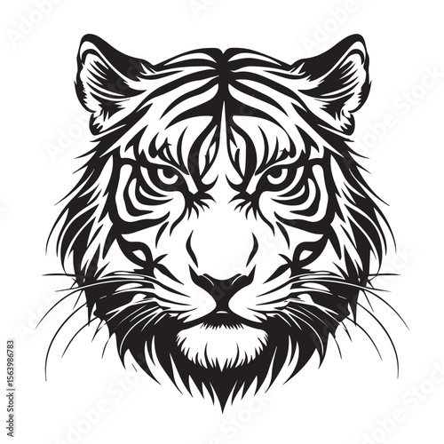 A black and white graphic of a tigers head with detailed fur and intense eyes, isolated on white background