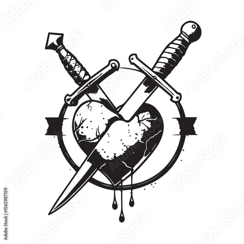 A cracked heart pierced by two daggers, dripping blood and surrounded by a ribbon, isolated on white background