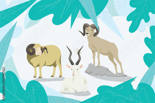 An idyllic scene featuring three adult animals two goats, one sheep standing together in a pastoral, in green leaf backdrop 