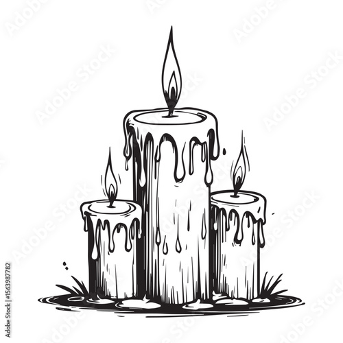 Three burning candles with dripping wax are arranged together isolated on a white background, creating a vintage aesthetic